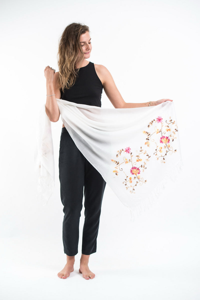 Sure Design Nepal Floral Embroidered Pashmina Shawl Scarf in White