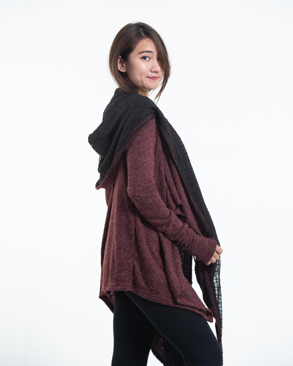 Sure Design Hoodie Shawl Cardigan in Maroon