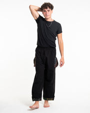 Unisex Drawstring Cotton Pants with Hill Tribe Trim in Black