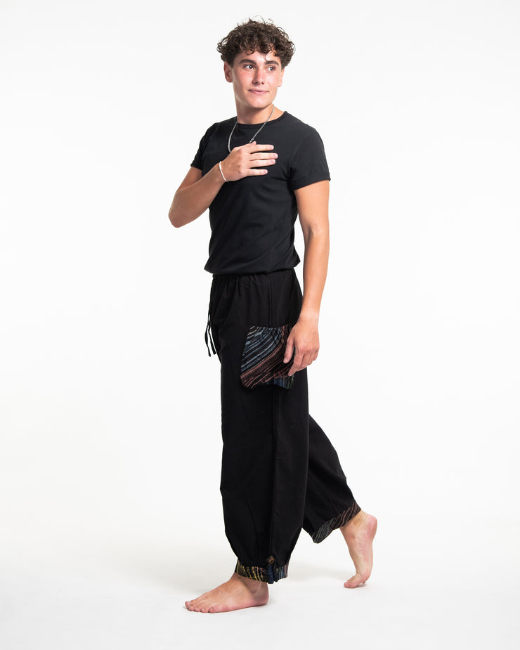 Unisex Drawstring Cotton Pants with Hill Tribe Trim in Black