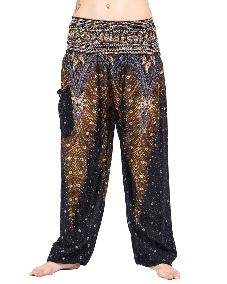 Unisex Peacock Feathers Harem Pants in Black