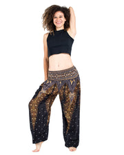 Unisex Peacock Feathers Harem Pants in Black