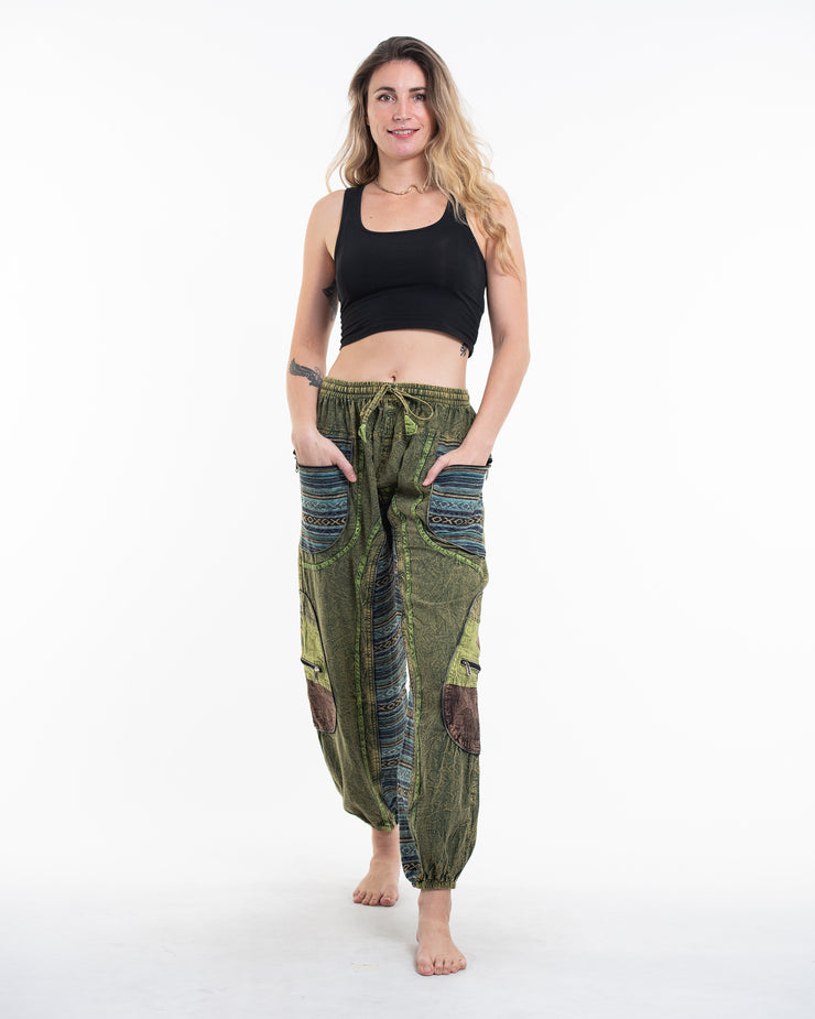 Unisex Patchwork Stone Washed Cargo Cotton Pants in Green 06