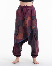 Unisex Patchwork Stone Washed Low Cut Cotton Pants in Maroon 02