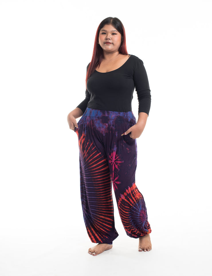 Unisex Plus Size Tie Dye Cotton Harem Pants in Purple