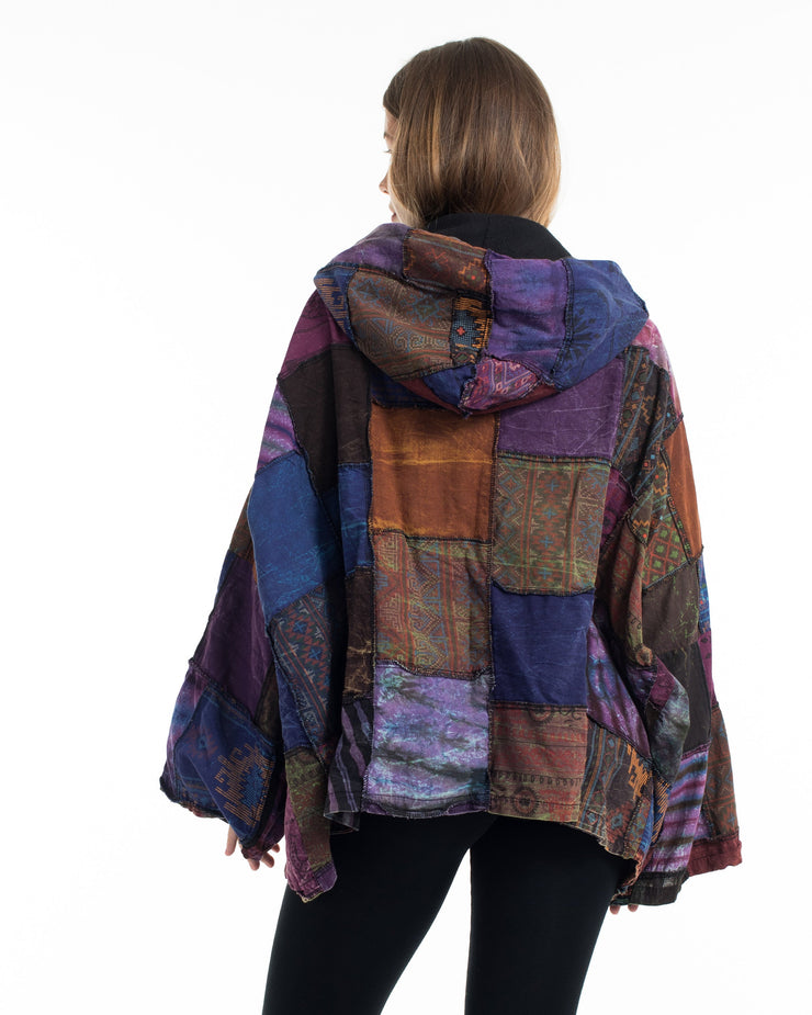 Patch Work Stone Wash Hooded Jacket in Multi Purple