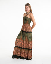 Geometric Mandalas Smocked Maxi Dress in Olive