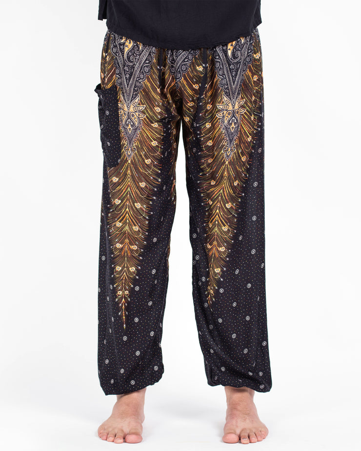 Unisex Peacock Feathers Harem Pants in Black