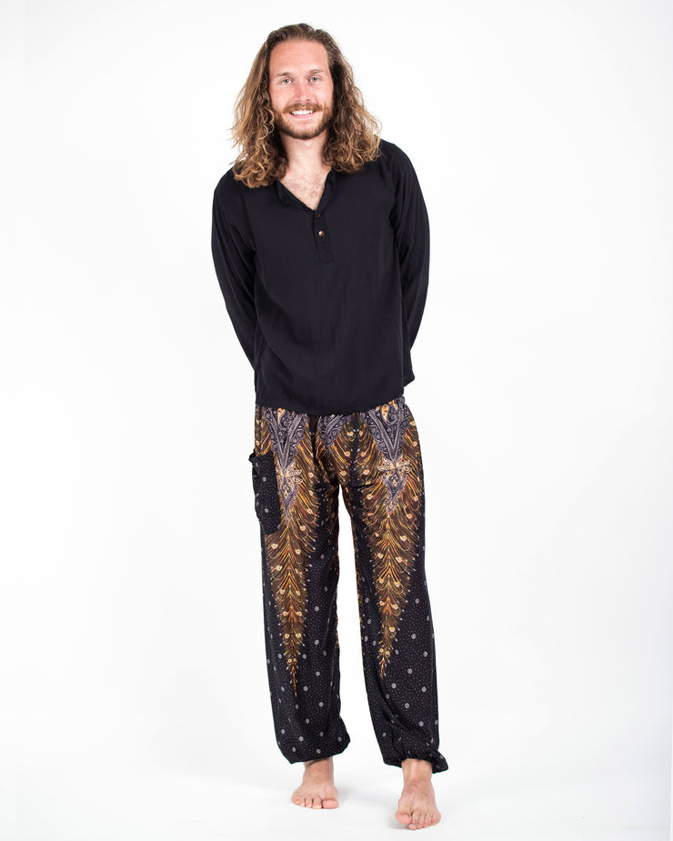 Unisex Peacock Feathers Harem Pants in Black