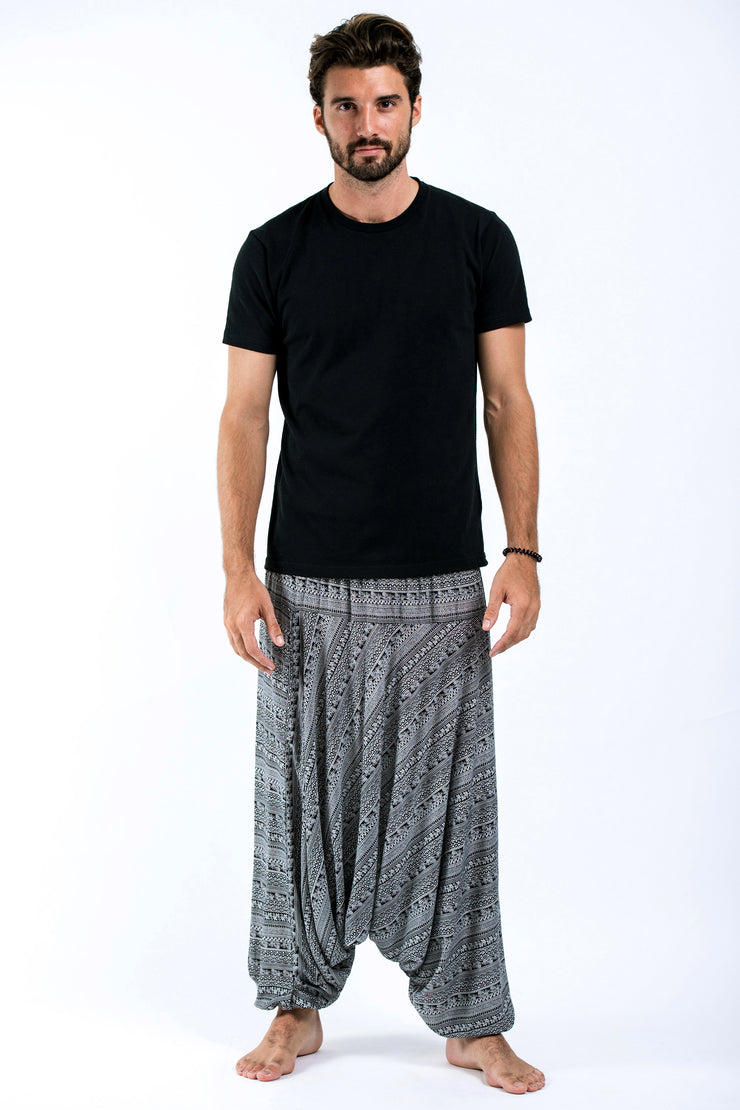 Unisex Aztec Stripes Drop Crotch Jumpsuit Harem Pants in Black