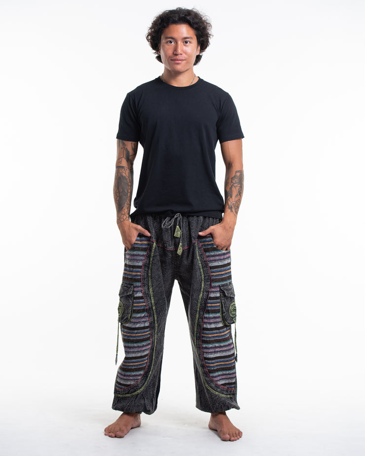 Unisex Patchwork Stone Washed Cargo Cotton Pants in Black 07