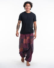 Unisex Patchwork Stone Washed Low Cut Cotton Pants in Maroon 02