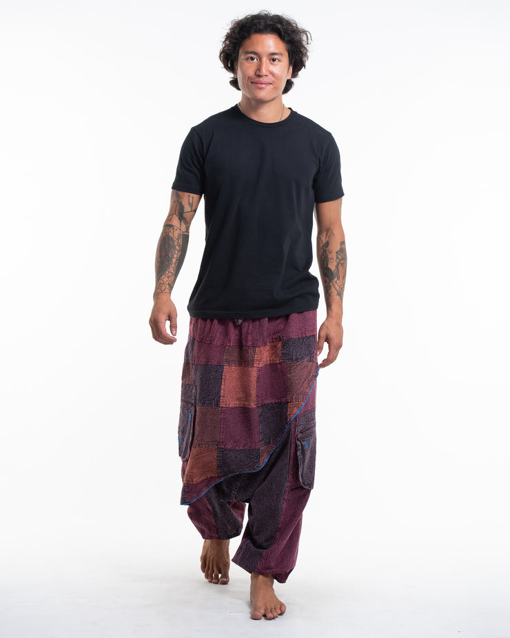 Unisex Patchwork Stone Washed Low Cut Cotton Pants in Maroon 02