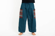 Unisex Pinstripe Cotton Pants with Aztec Pocket in Turquoise