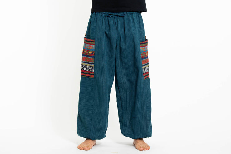 Unisex Pinstripe Cotton Pants with Aztec Pocket in Turquoise