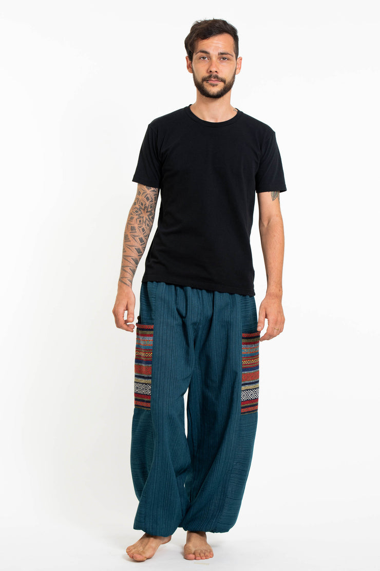 Unisex Pinstripe Cotton Pants with Aztec Pocket in Turquoise