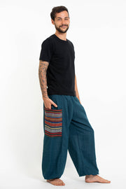 Unisex Pinstripe Cotton Pants with Aztec Pocket in Turquoise