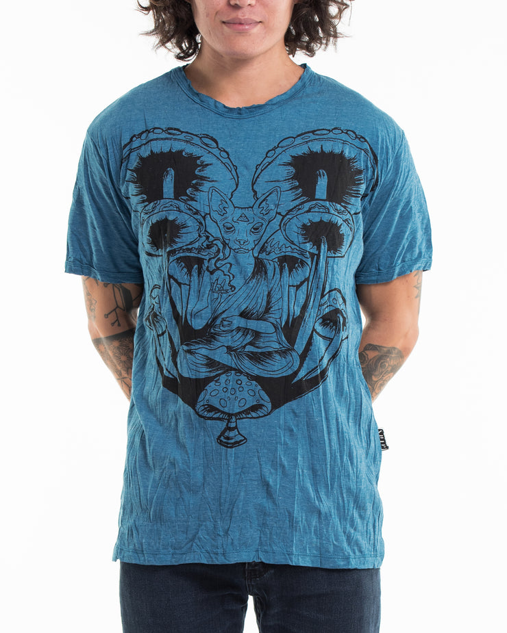 Mens Spiritual Shroom Cat T-Shirt in Denim Blue