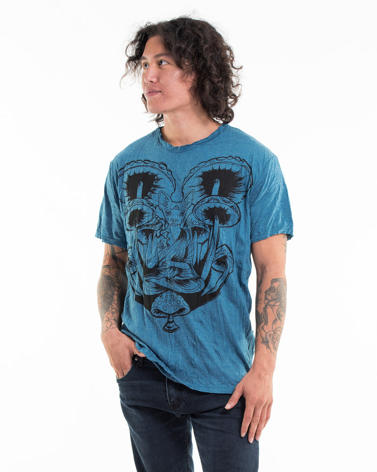 Mens Spiritual Shroom Cat T-Shirt in Denim Blue