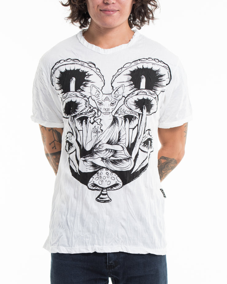 Mens Spiritual Shroom Cat T-Shirt in White