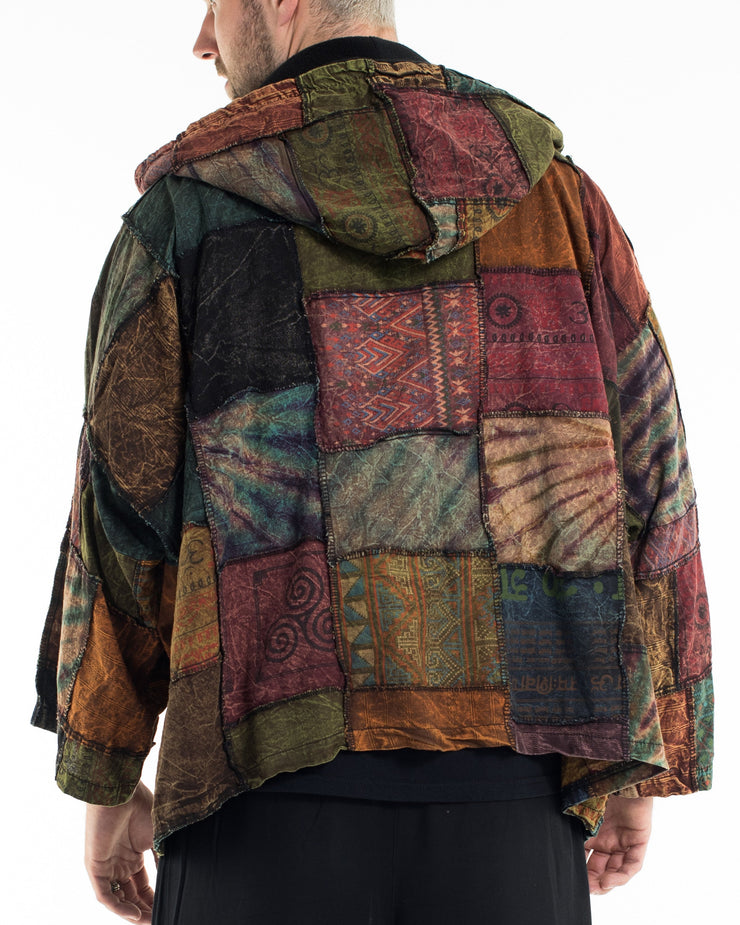 Patch Work Stone Wash Hooded Jacket in Multi Brown