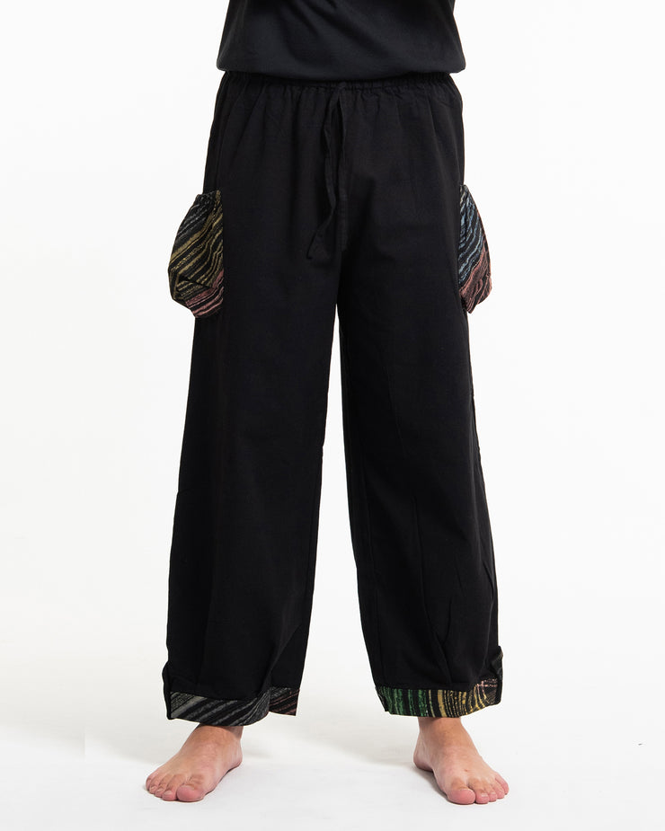 Unisex Drawstring Cotton Pants with Hill Tribe Trim in Black