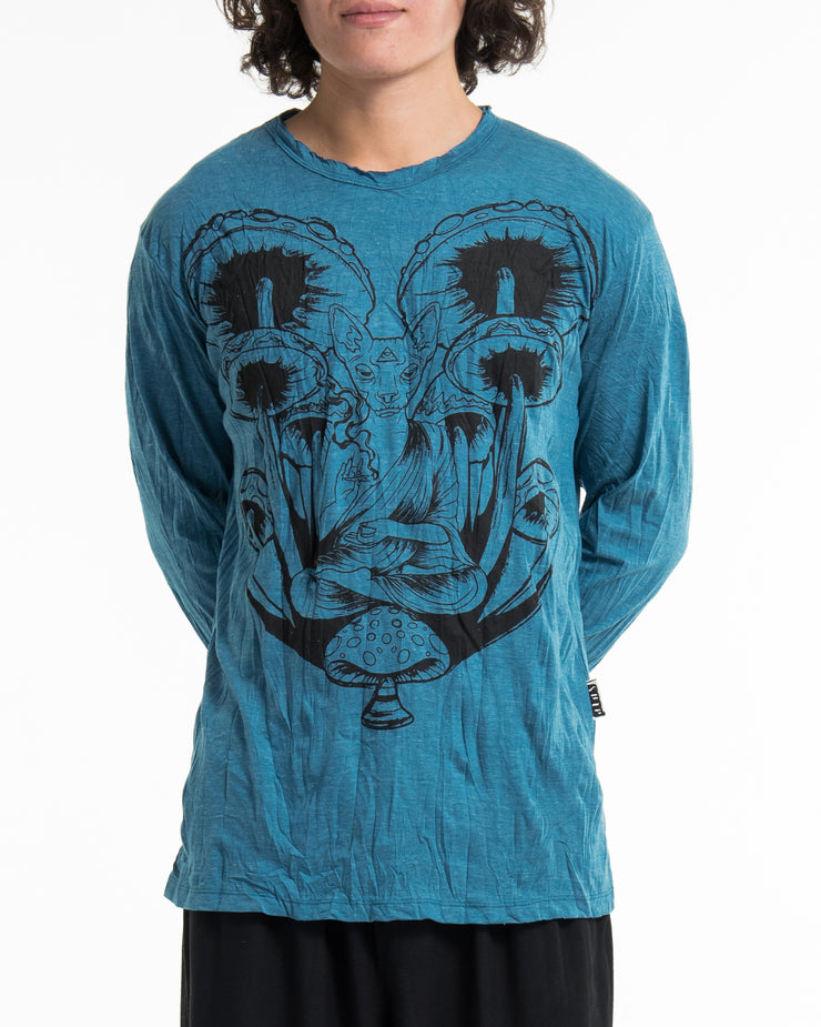 Unisex Spiritual Shroom Cat Long Sleeve Shirt in Denim Blue