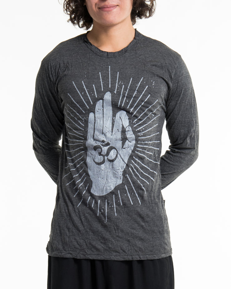 Unisex Hand of Om Long Sleeve Shirt in Silver on Black