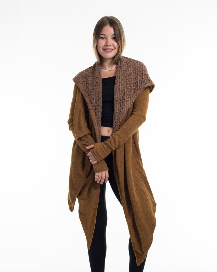 Hoodie Shawl Cardigan in Mustard Brown