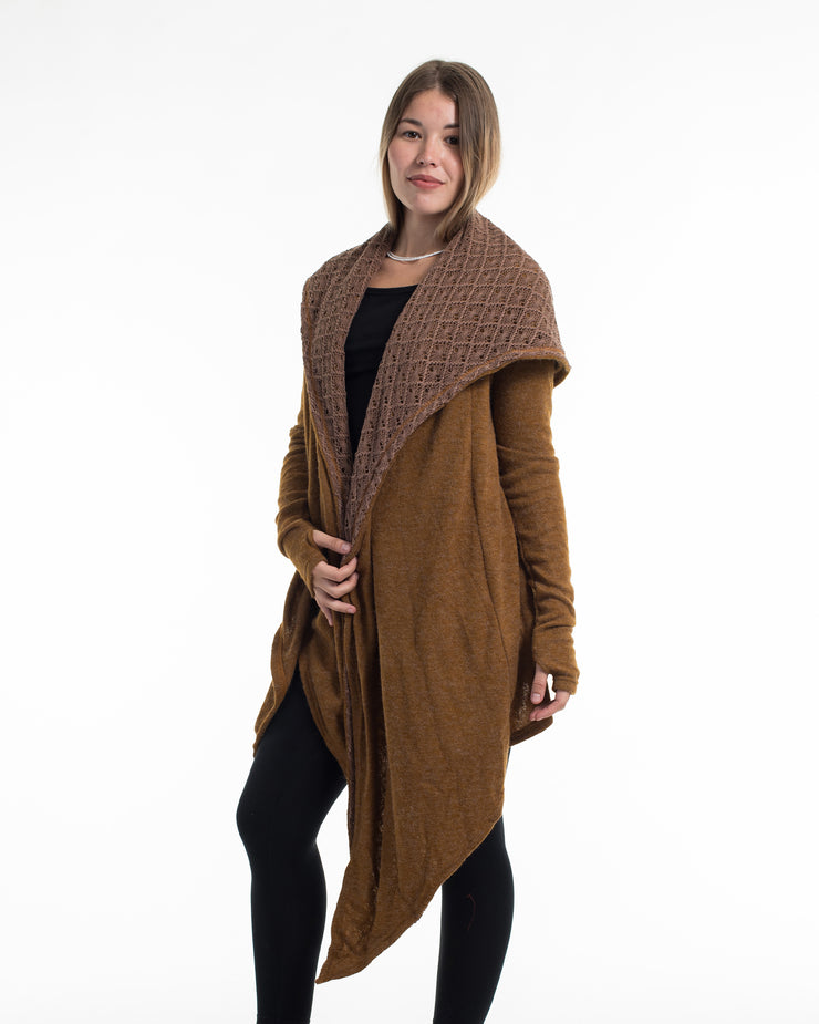 Hoodie Shawl Cardigan in Mustard Brown