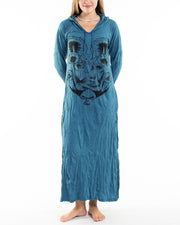 Womens Spirit Shroom Cat Long Hoodie Dress in Denim Blue