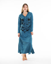 Womens Spirit Shroom Cat Long Hoodie Dress in Denim Blue