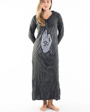 Womens Hand of Om Long Hoodie Dress in Silver on Black