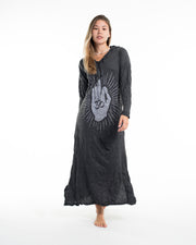 Womens Hand of Om Long Hoodie Dress in Silver on Black