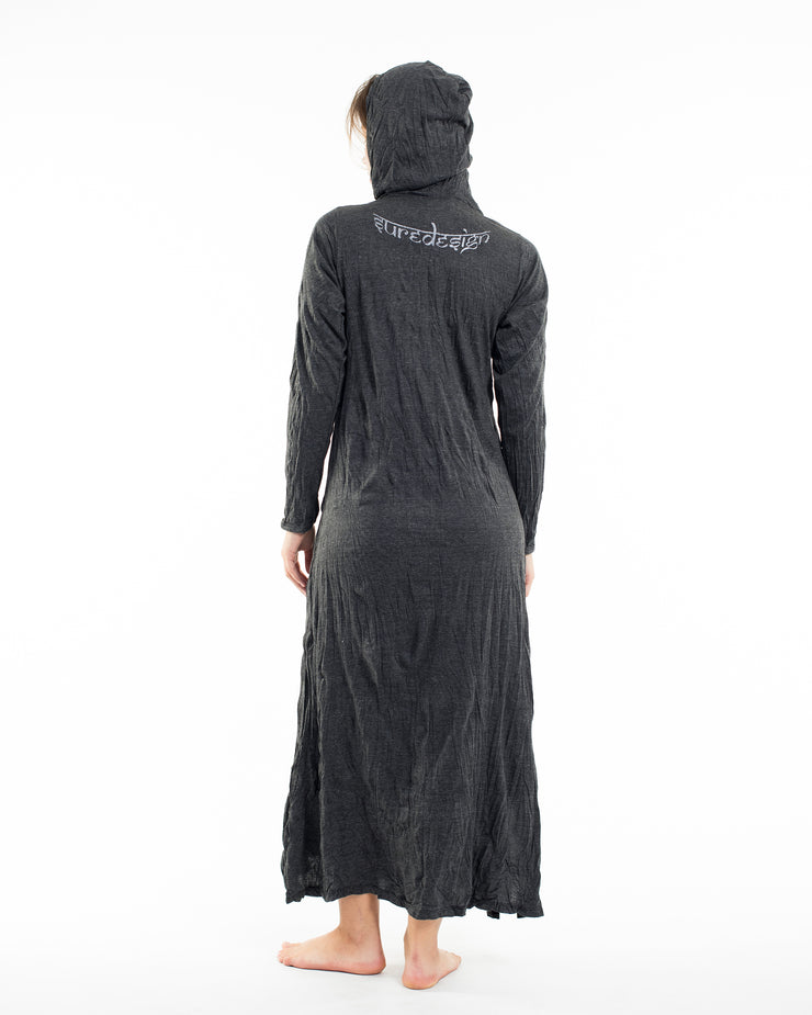 Womens Hand of Om Long Hoodie Dress in Silver on Black