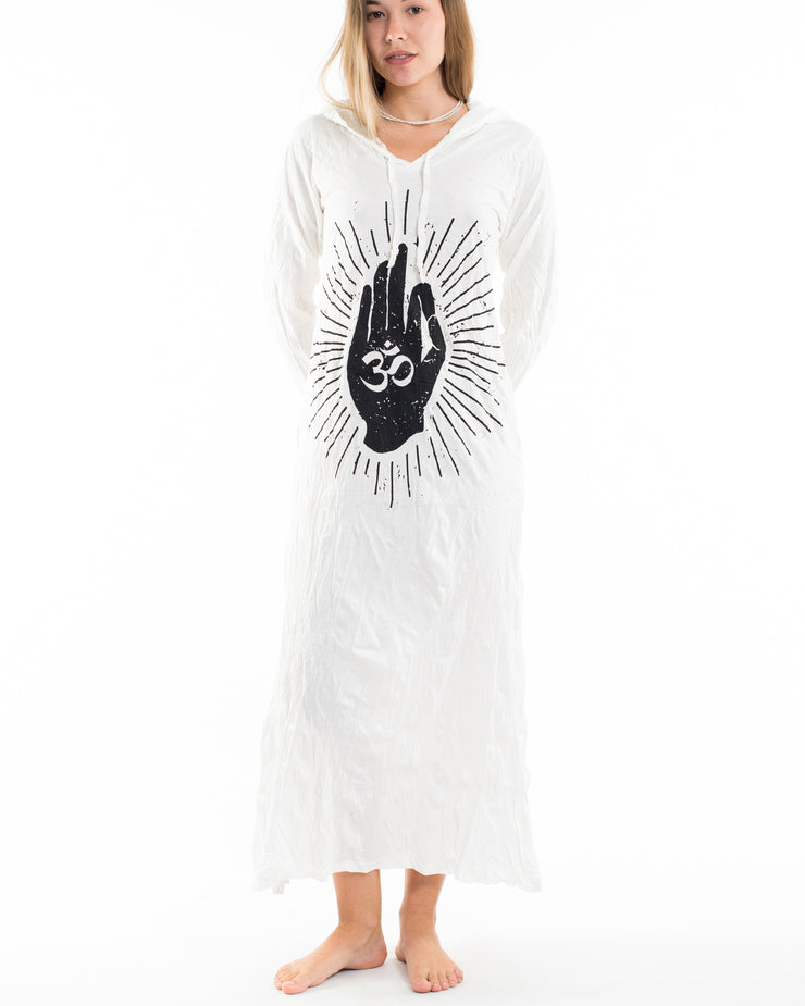 Womens Hand of Om Long Hoodie Dress in White