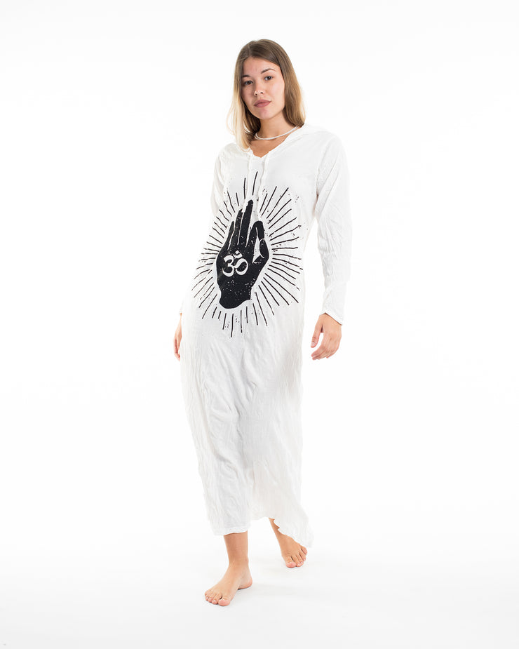 Womens Hand of Om Long Hoodie Dress in White