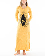 Womens Hand of Om Long Hoodie Dress in Yellow