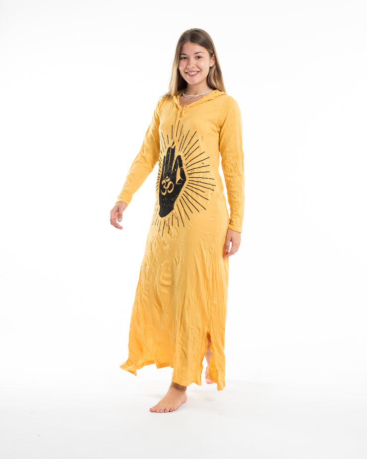 Womens Hand of Om Long Hoodie Dress in Yellow