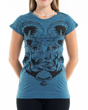 Womens Spiritual Shroom Cat T-Shirt in Denim Blue