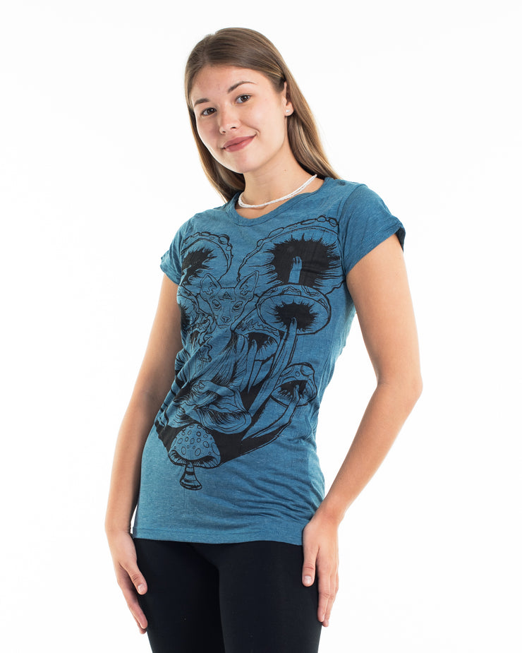 Womens Spiritual Shroom Cat T-Shirt in Denim Blue