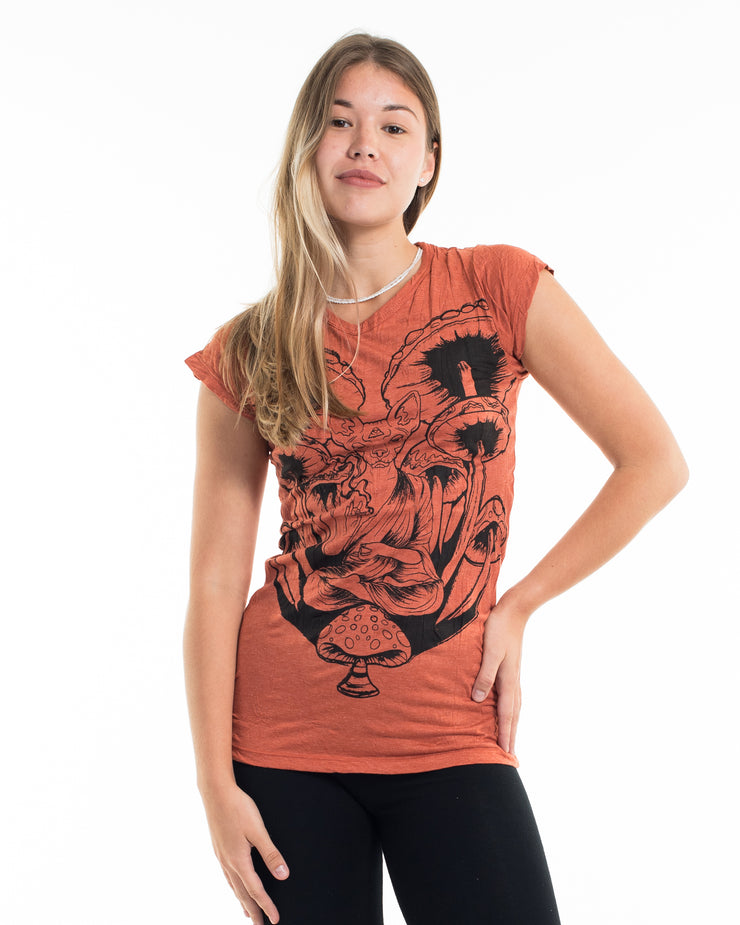 Womens Spiritual Shroom Cat T-Shirt in Orange