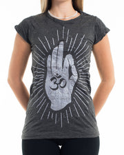 Womens Hand of Om T-Shirt in Silver on Black