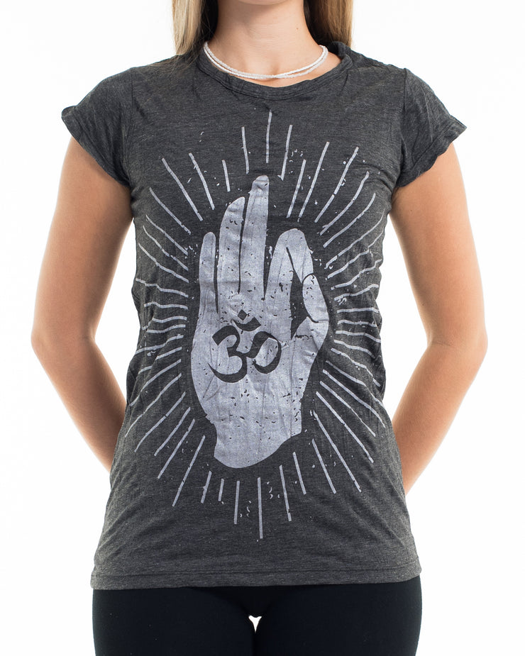 Womens Hand of Om T-Shirt in Silver on Black