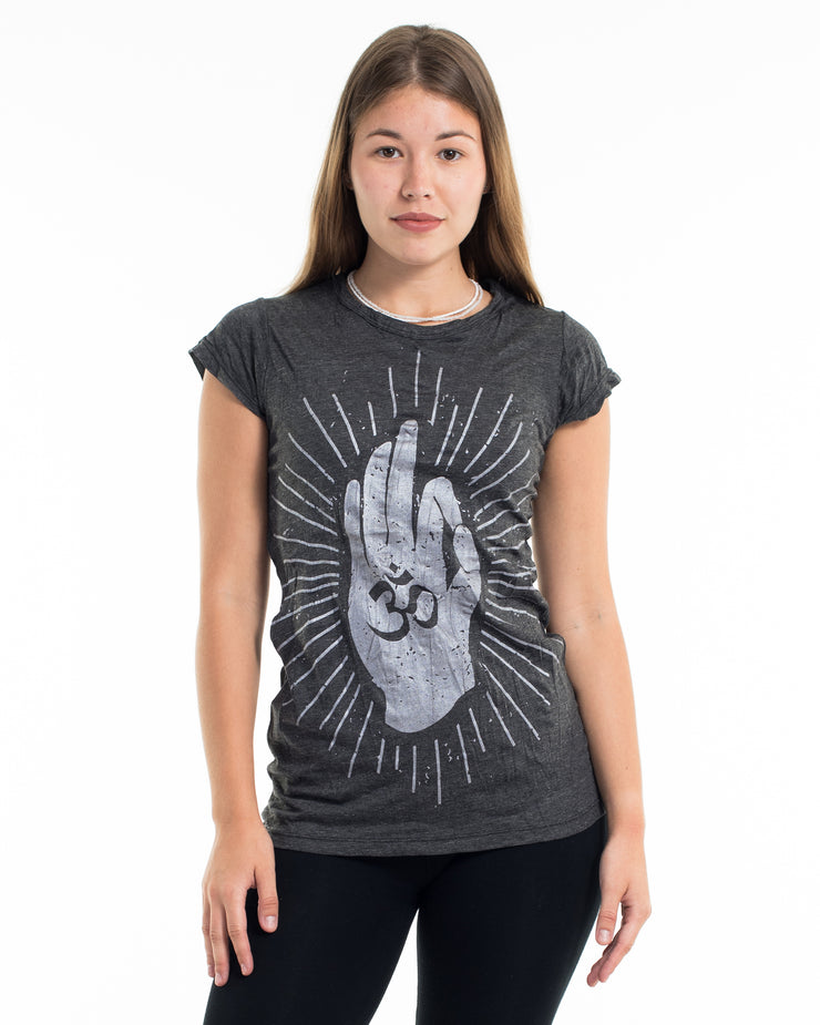 Womens Hand of Om T-Shirt in Silver on Black