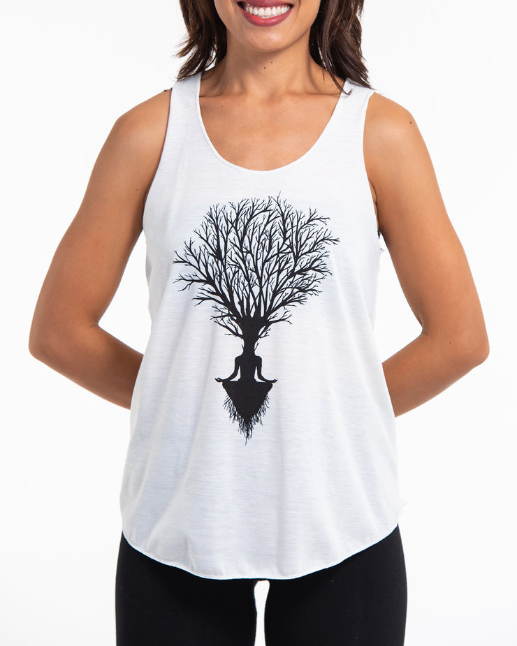 Womens Meditation Tree Tank Top in White