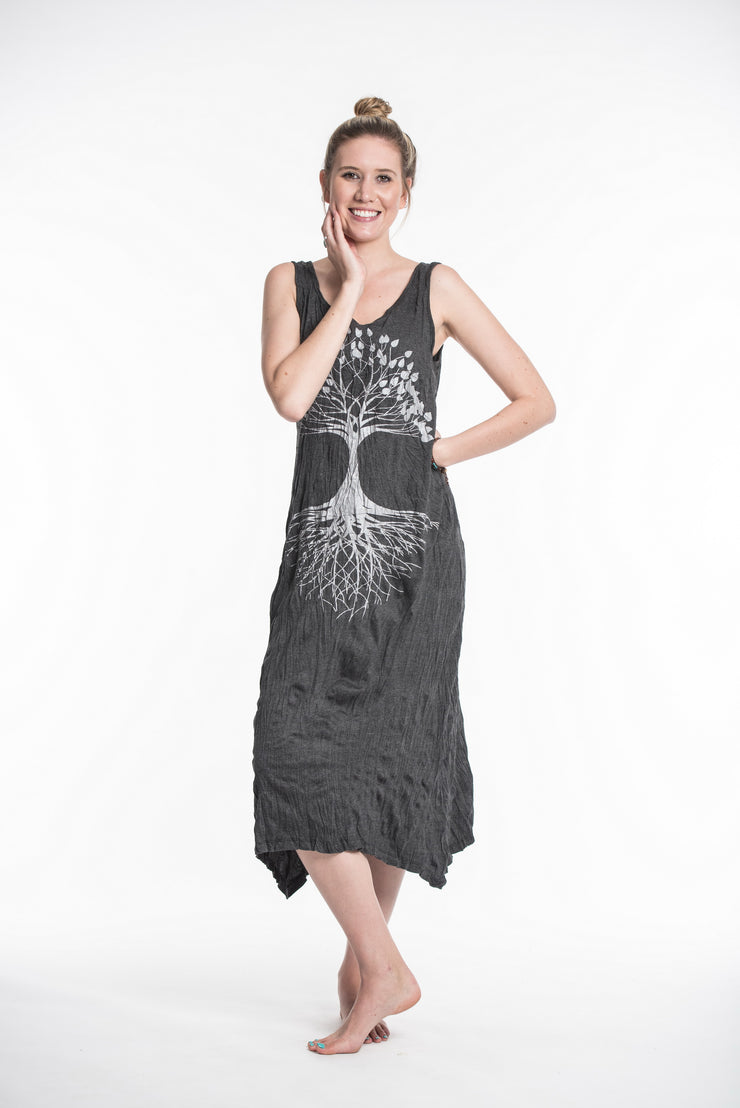 Womens Tree of Life Long Tank Dress in Silver on Black