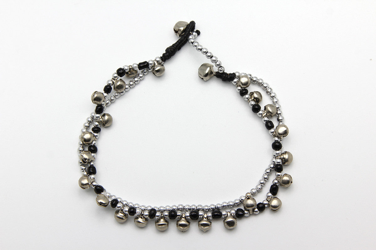 Sure Design Silver Beads Anklet with Silver Bells in Black