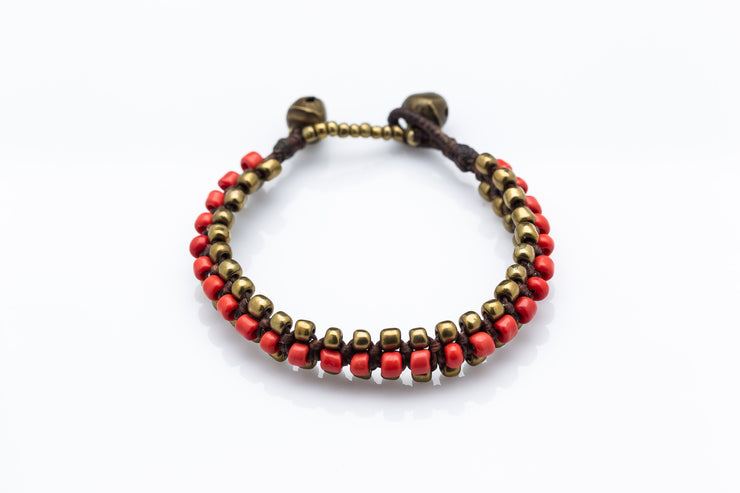 Triple Brass Beads Bracelet with Red Beads