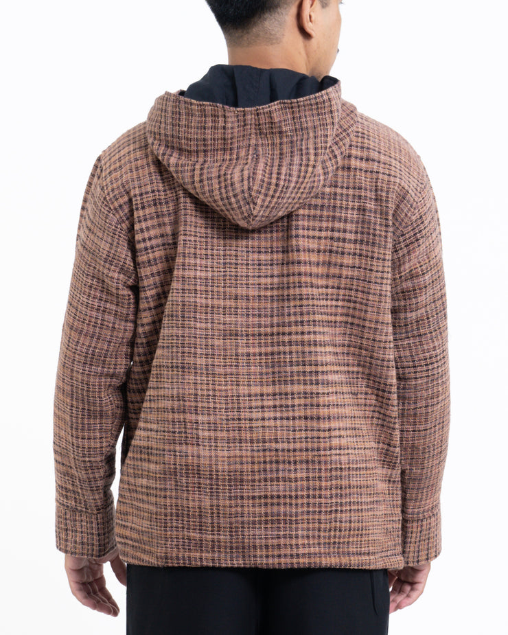 Unisex Light Hooded Button Hand-Woven Cotton Jacket in Brick